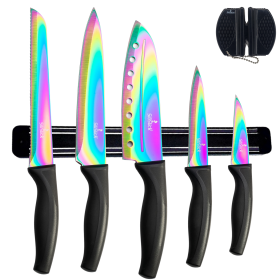 SiliSlick Kitchen Knife Set, Titanium Coated Stainless Steel Colorful Blades, Chef, Bread, Santoku Utility & Paring Knives, Magnetic Mounting Rack & P